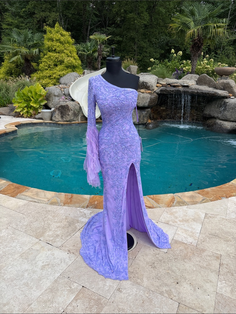 Lilac One-Shoulder Feather-Trim Evening Gown Size 4